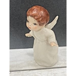 Vintage Kissing Angel Freckled Face Red Headed Ceramic Figurine 4" Tall